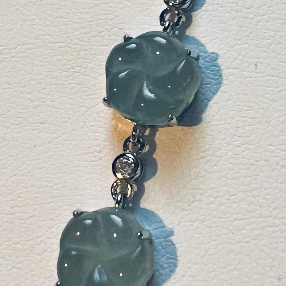 BJ2 Natural GRADE A Blue Water Carved Flower Jadeite Jade Bracelet RhodiumS925
